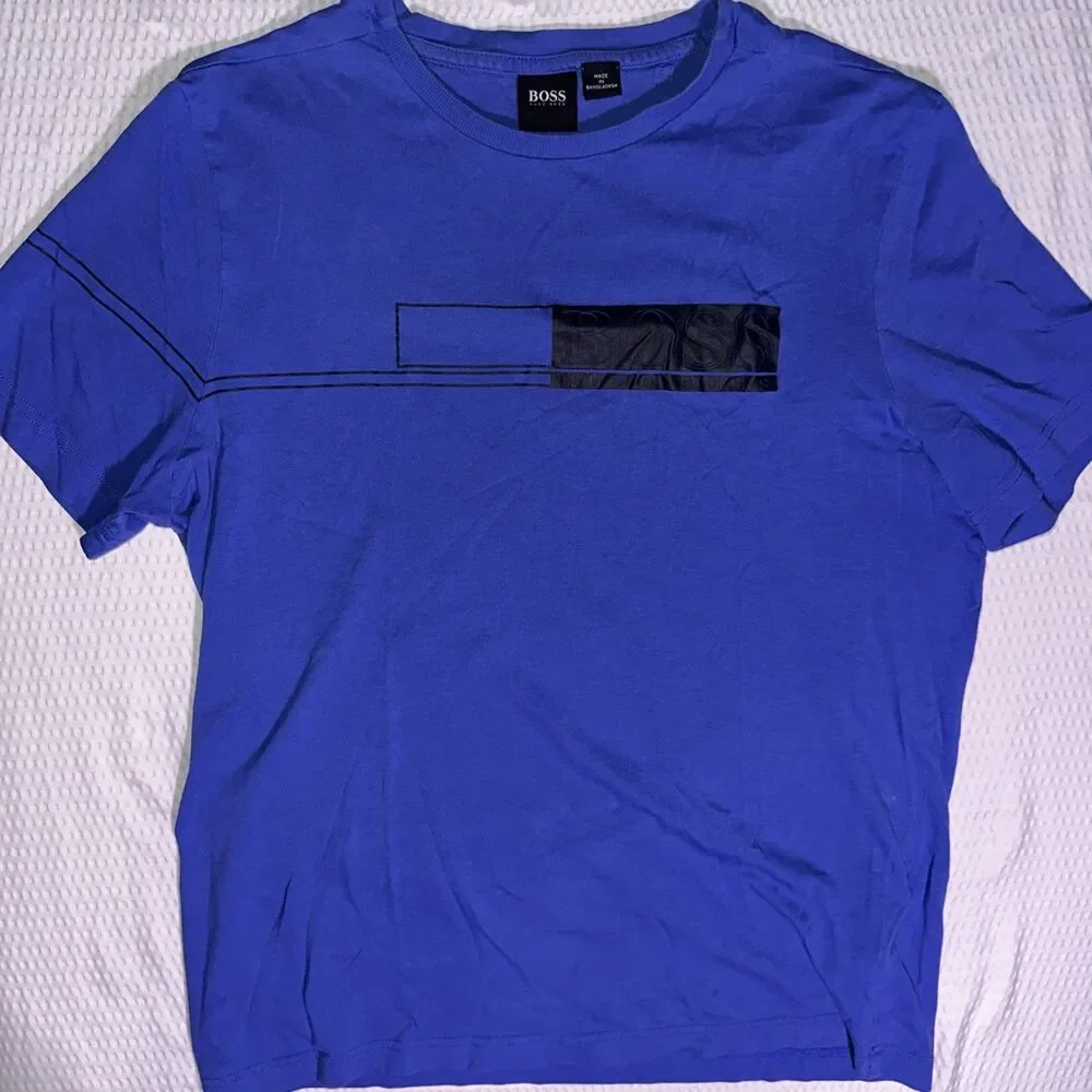 Hugo Boss Blue Logo Stripe Crew Neck T-Shirt Mens Small cotton